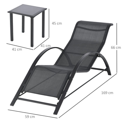 Ligstoel - Set van 2 - Ligstoel Tuin - met Bijzettafel - Weerbestendig - Ademend Textileen - Voor Tuin, Terras en Balkon - 59x169x66cm - Grijs - QUORE