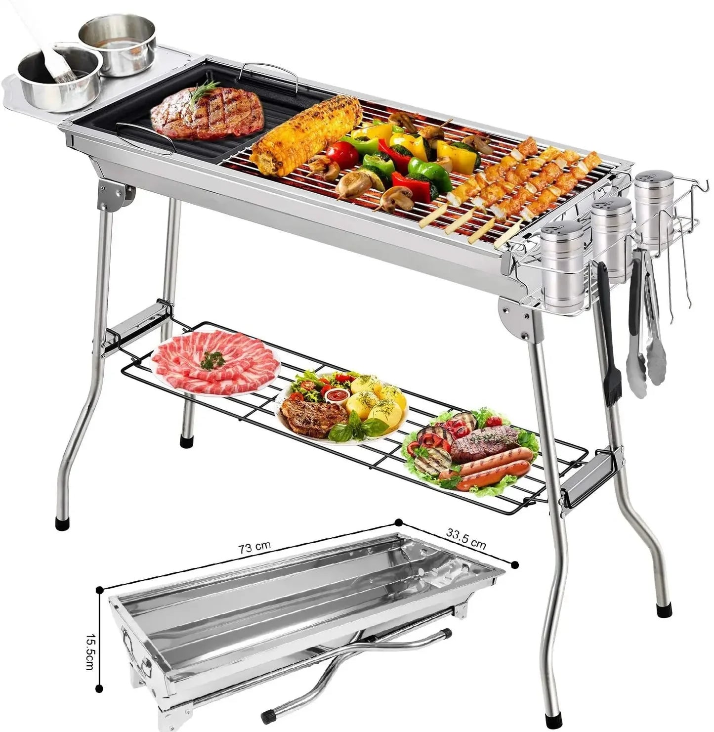 Houtskoolgrill - Barbecue - Houtskoolbarbecue - Buitenkeuken - voor 5-10 personen - Campinggrill - Inklapbaar - Opvouwbare - Draagbare - voor Camping - Tuin - Picknick - Feest - RVS - 100 x 33.5 x 70 cm - Zilver