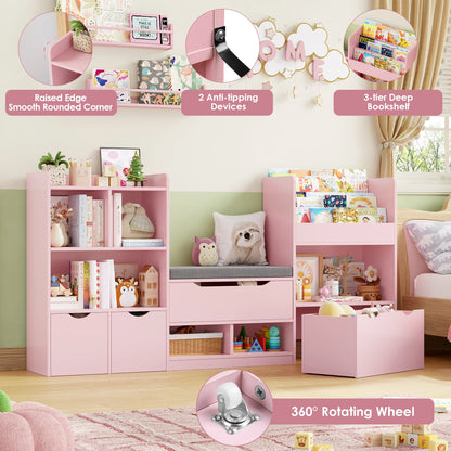 Opbergmeubel Kind – Speelgoedkast – Boekenkast – Kinderkast – Opbergkast – Wit – Met Bankje – 183,5 x 94,5 x 29,8 cm – Hout – 3 Rollende Lades
