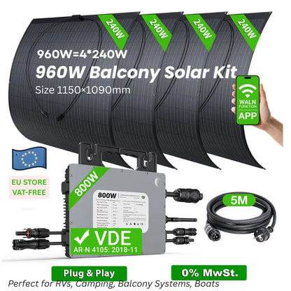 Zonnestroomsysteem – Solar Sets – Zonnepanelen Kit – Zonne-energie Thuis – Zonne-energie Systeem – 960W Met 4x240W Panelen + 800W Micro-omvormer – Compact & Lichtgewicht – Eenvoudige Doe-Het-Zelf Installatie - QUORE