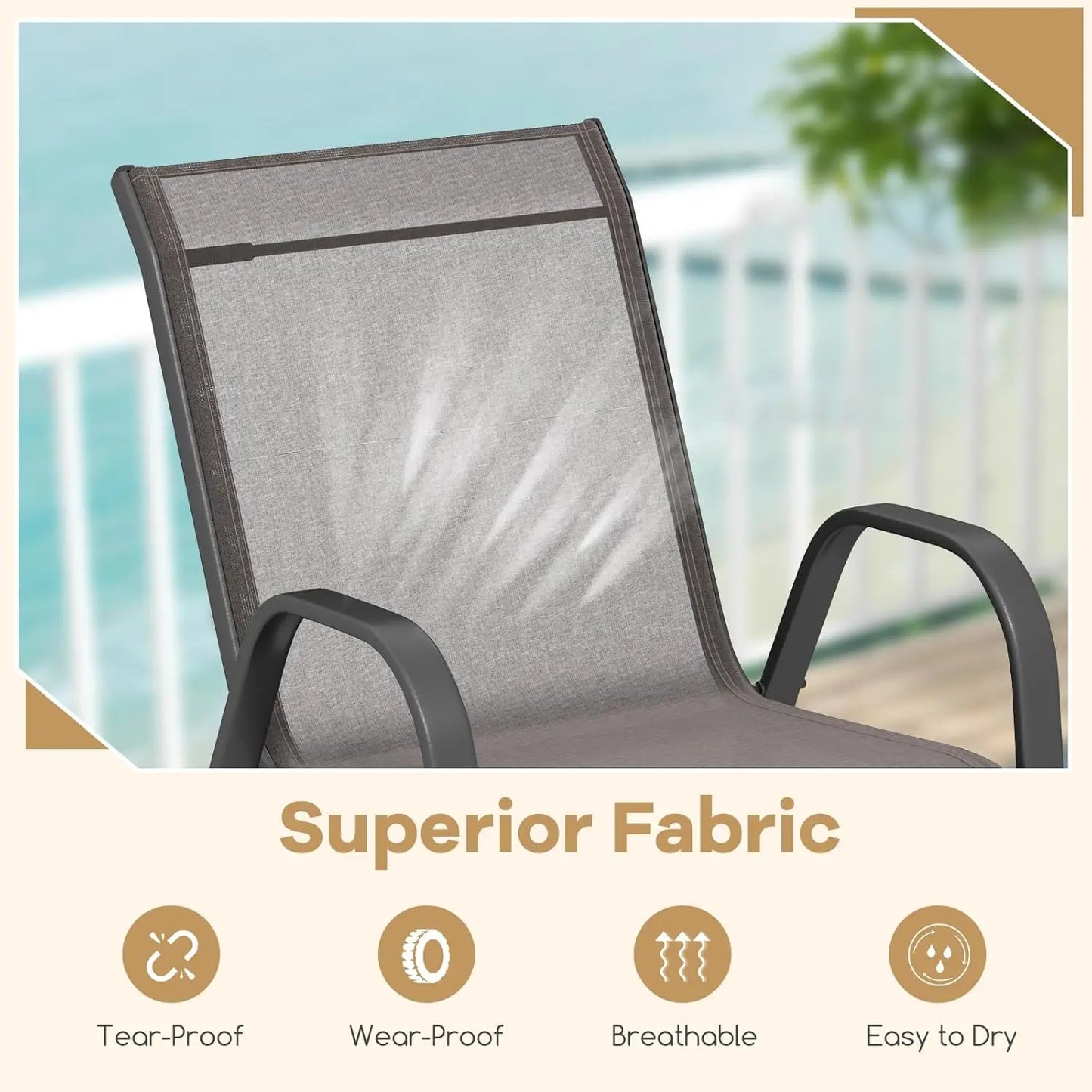 4-delige stapelbare tuinstoelenset met armleuningen – metalen frame – textilene – balkonstoelen – grijs – 150 kg draagvermogen