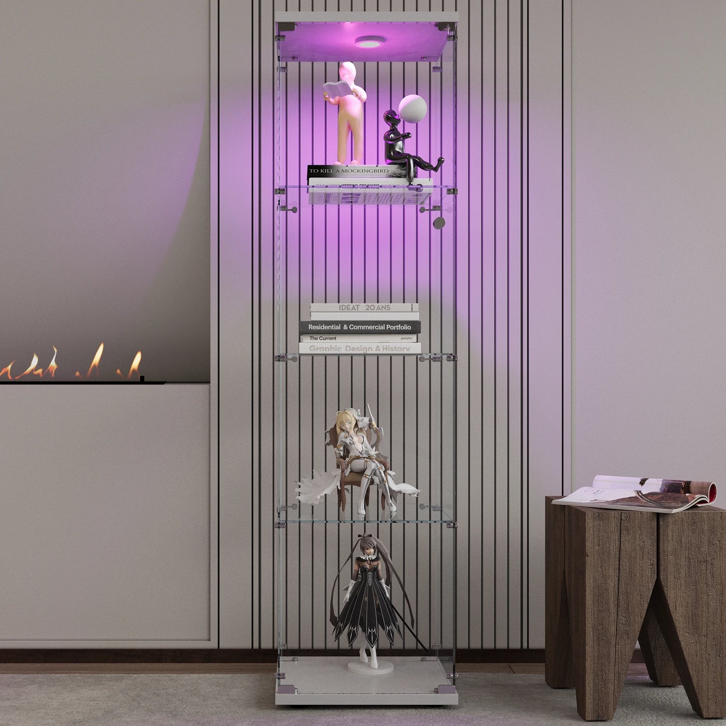 Glazen Vitrinekast – Displaykast – Curio Kast – Collectiekast – Exhibitiekast – Wit – 4 Glazen Planken – LED-verlichting – Slot – 164x42,5x36,5 cm - QUORE