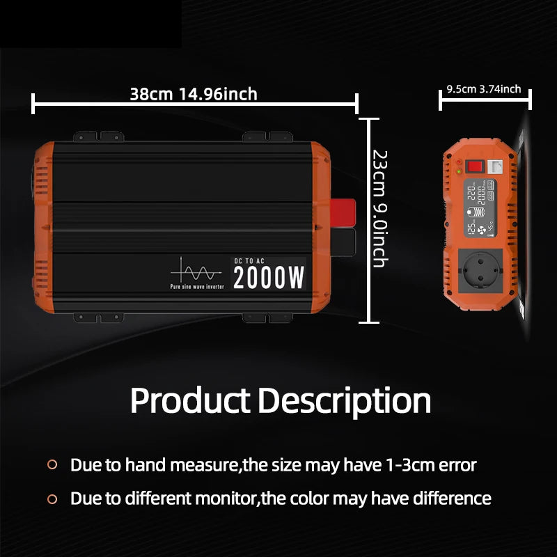 Zuivere Sinusgolf Omvormer – Power Inverter – Stroomomzetter – DC naar AC Converter – 2000W Omvormer – Pure Sinusgolf – Afstandsbediening – Aluminium Behuizing – Overbelastingbescherming - QUORE
