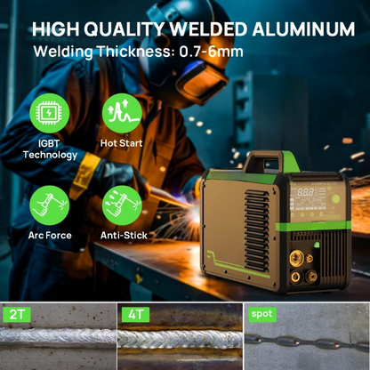 Elektrode Lasmachine - Lasmachine - Lasapparaat - Digitaal Inverterlassen - Draagbare MIG-lasser - met Voetpedaal - HF - AC TIG - DC TIG - 2T - 4T - SPOT - ARC - 220V - IGBT - Groen/Zwart - QUORE
