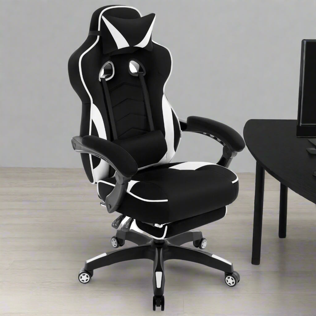 Ergonomische Gaming- en Bureaustoel – Comfortabele Werkstoel – Verstelbare Rugleuning – Voetensteun – Stof – Maximale Draagkracht 120 Kg – Zwenkwielen - Wit