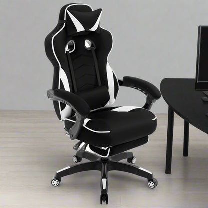 Ergonomische Gaming- en Bureaustoel – Comfortabele Werkstoel – Verstelbare Rugleuning – Voetensteun – Stof – Maximale Draagkracht 120 Kg – Zwenkwielen - Wit