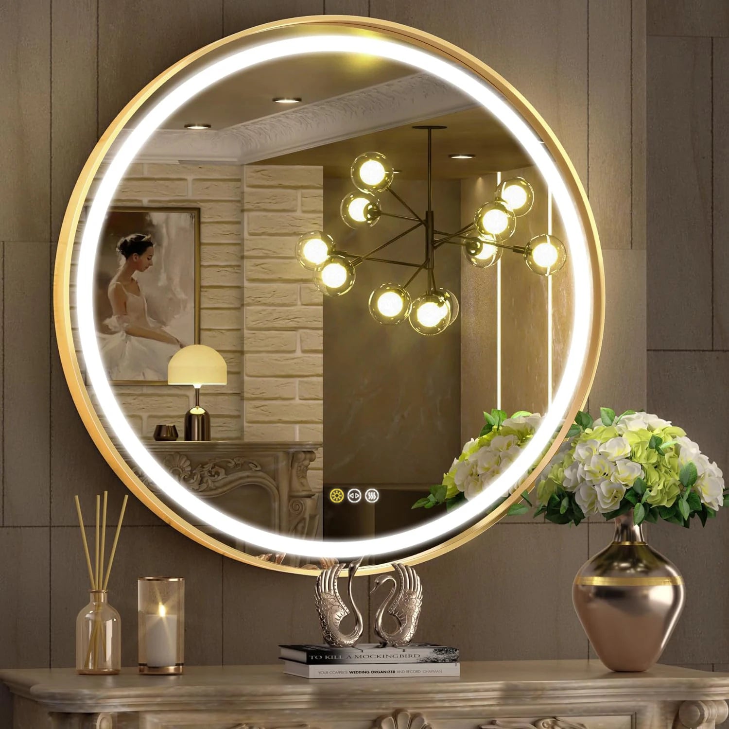 Badkamerspiegel - Spiegel - Spiegel met Verlichting - Smart Spiegel - Ronde LED Badkamerspiegel - 60CM - Goudkleurige Wandspiegel met Verlichting, Dimbaar en Anti-condens - QUORE