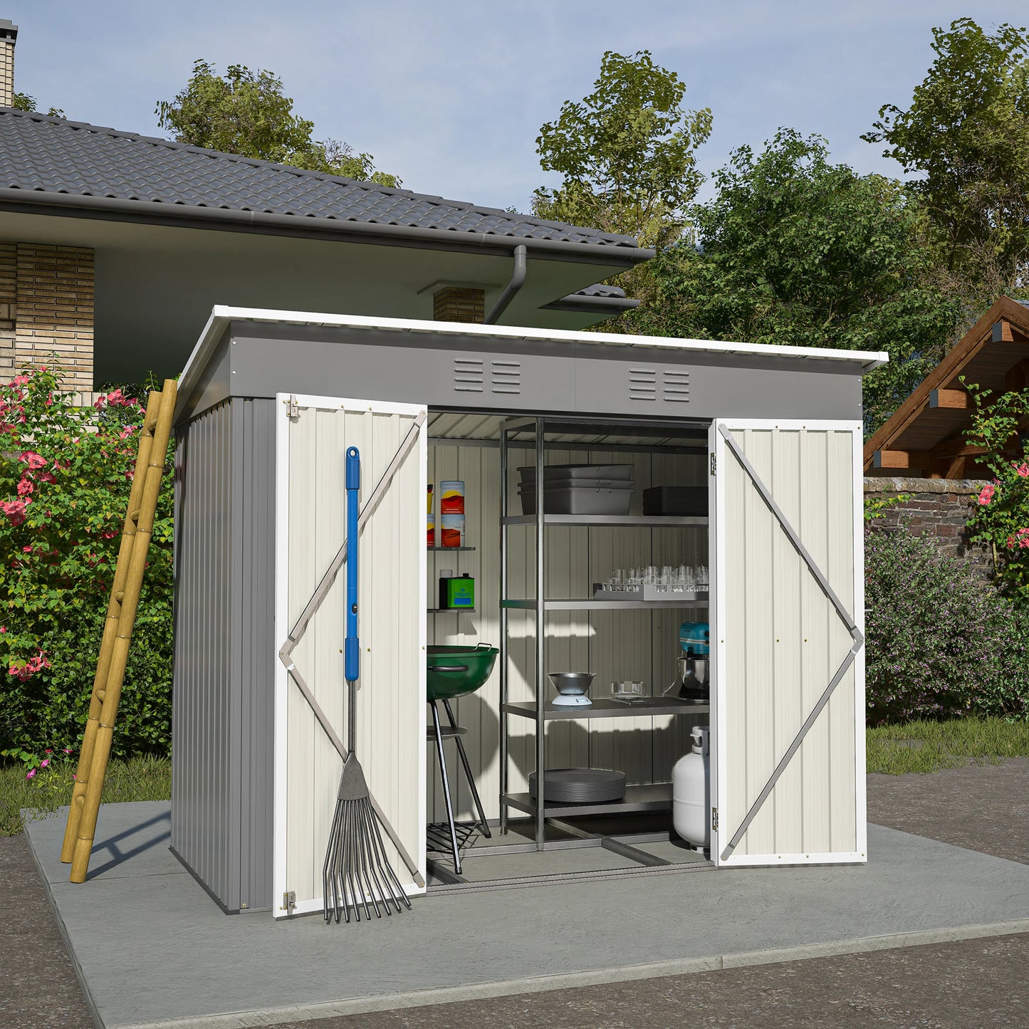 Tool Schuur - Tuinhuis - Buitenkast - Gereedschapsschuur - Gereedschapskast - Opbergruimte - 8x4ft - met Metaal Basis - Tuinschuur - voor Buiten - Terras - en Tuinopslag - Grijs