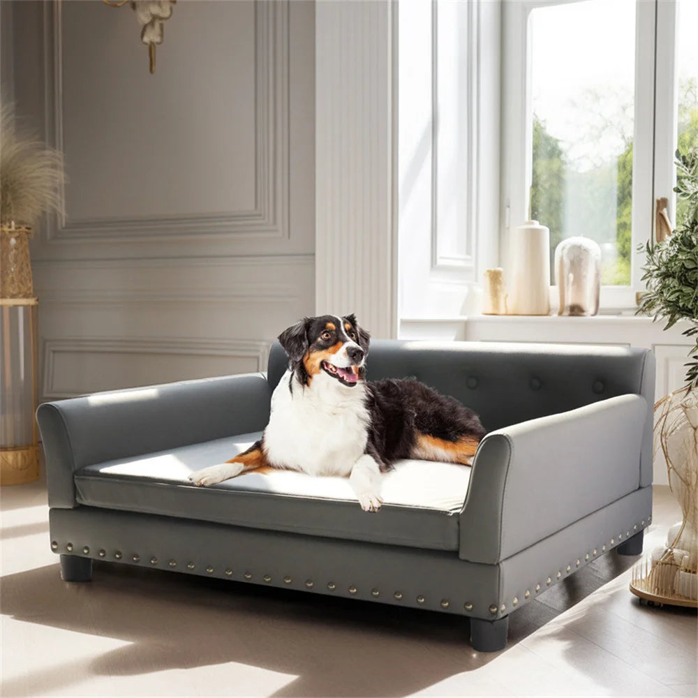 Hondenbank – Hondenbed – Huisdieren Sofa – Dog Lounger – Dog Couch – Maat L – Eucalyptus Houten Frame – Waterafstotende Microfiber Leren Bekleding