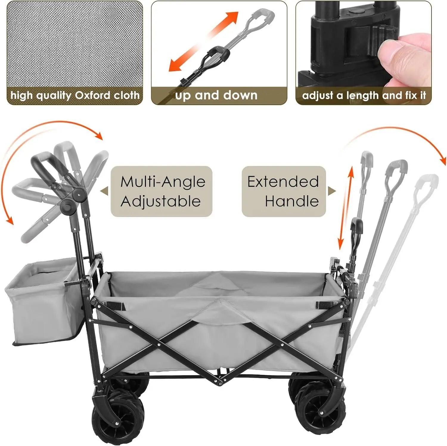Opvouwbare Bolderkar - Inklapbare Bolderkar - Bolderkar - Verwijderbare Luifel - 262L Transportkar - 115kg Draagvermogen - Grote Offroad Wielen - Tuin - Strand - Zwaar Belastbaar - Camping - Grijs - QUORE