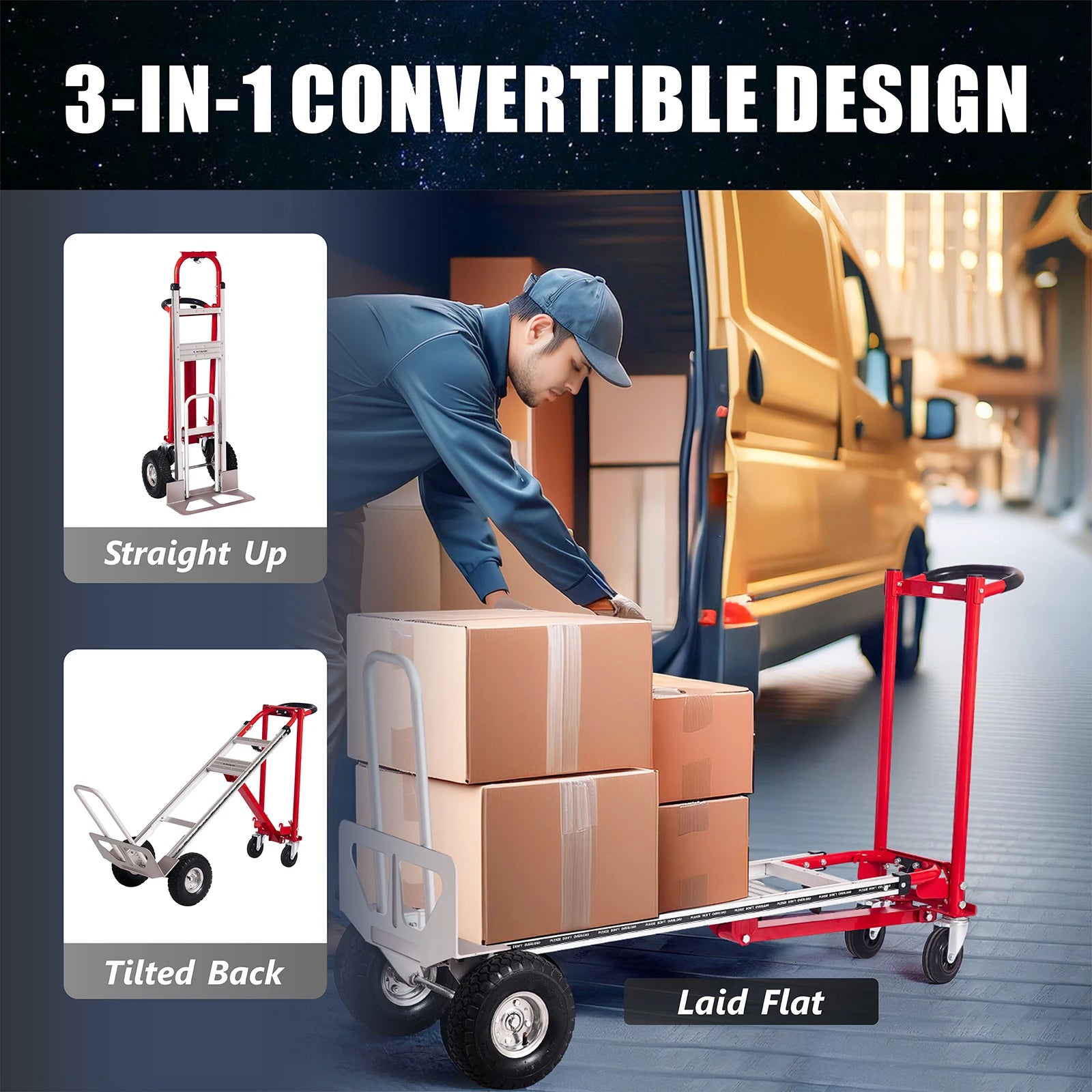 Steekwagen - Steekkar - Transportkar - Transportwagen - 3-in-1 Convertible Handtruck Dolly - 1000 lb Capaciteit - Telescopisch Frame – Non-Slip Wielen – Rood - QUORE