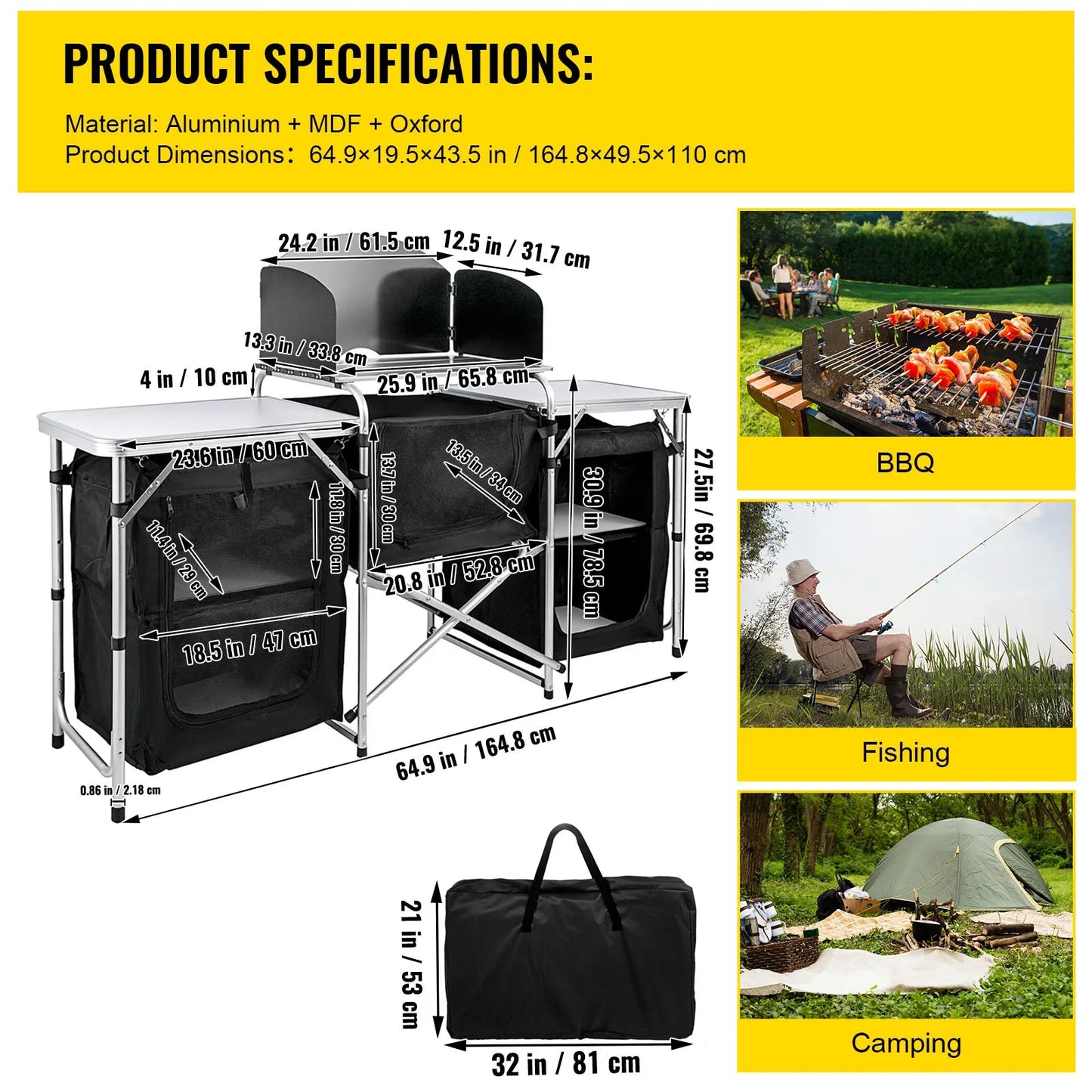 Keukentafel - Buiten Keukentafel - Kookrek - met Draagtas - Opvouwbare Opbergruimte - X-vormig - Aluminiumlegering Beugel - voor BBQ - Picknick - Camping - Zwart