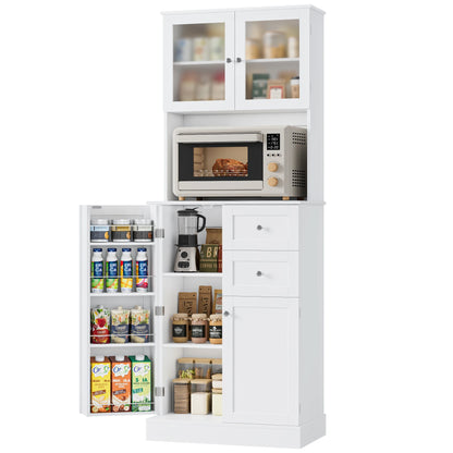 Hoge keukenkast – keukenkast met lades – buffetkast – voorraadkast – opbergkast – wit – 182,5 cm hoog – MDF met matte afwerking – glazen deuren en werkblad met kabeldoorvoer
