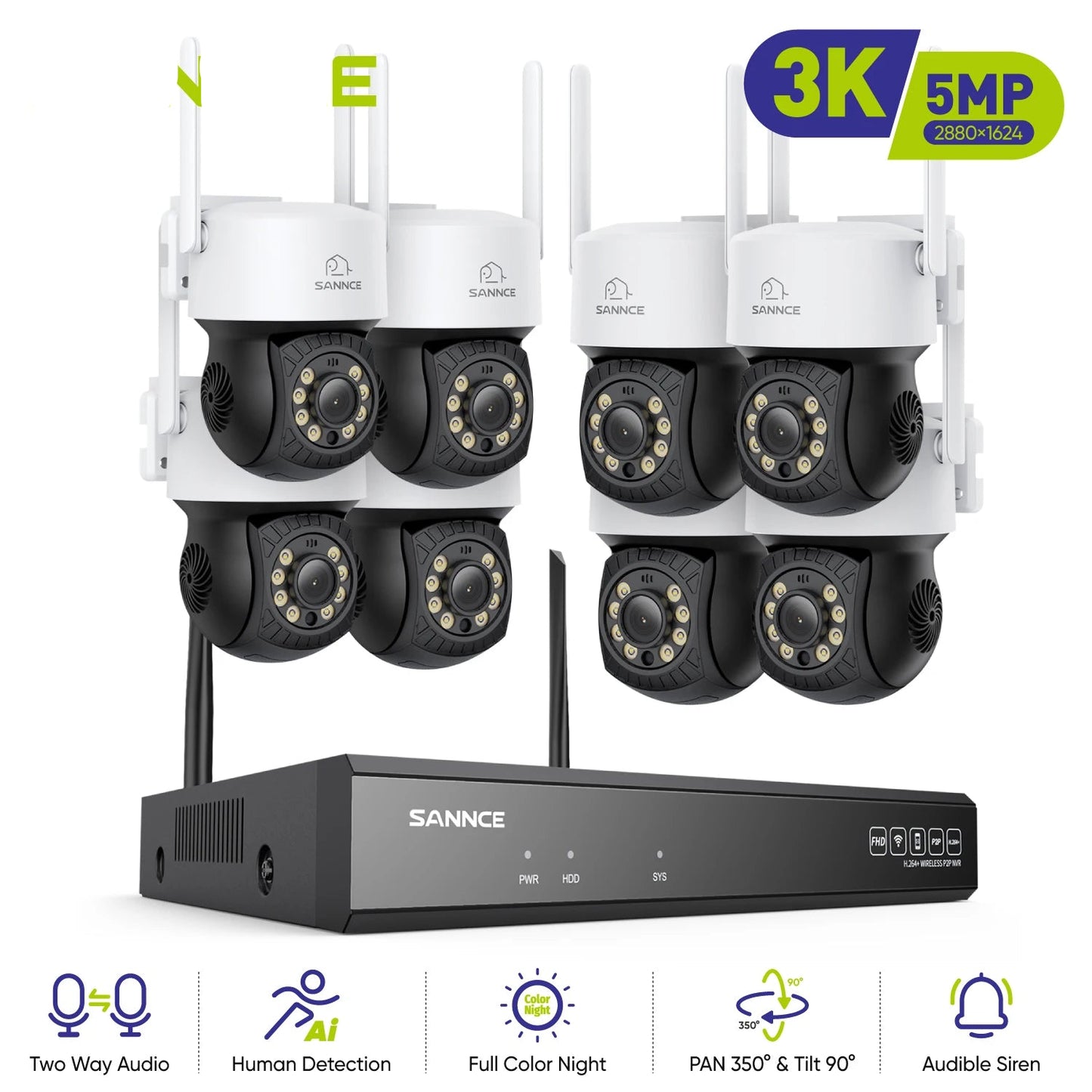 Draadloos Beveiligingssysteem – Surveillance Set – Camera Systeem – Bewakingscamera – NVR Recorder – 8x 5MP Camera’s – 2TB HDD Ingebouwd – 350° Draaibaar – IP66 Waterdicht - QUORE
