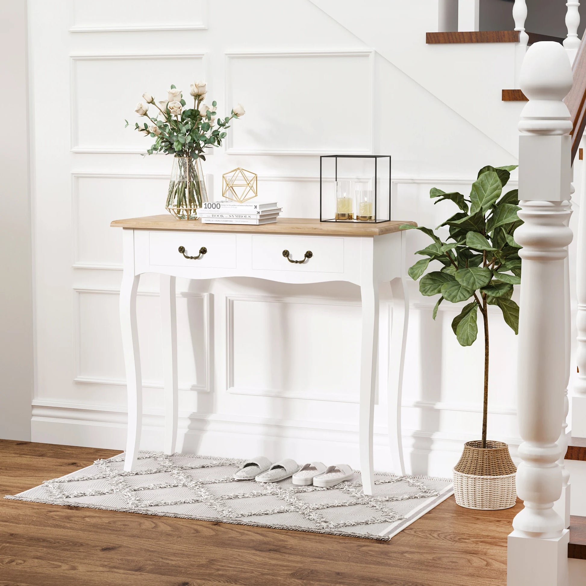 Console – Sidetable – Halmeubel – Opbergmeubel – Compact – Dennenhout – 2 Laden - QUORE