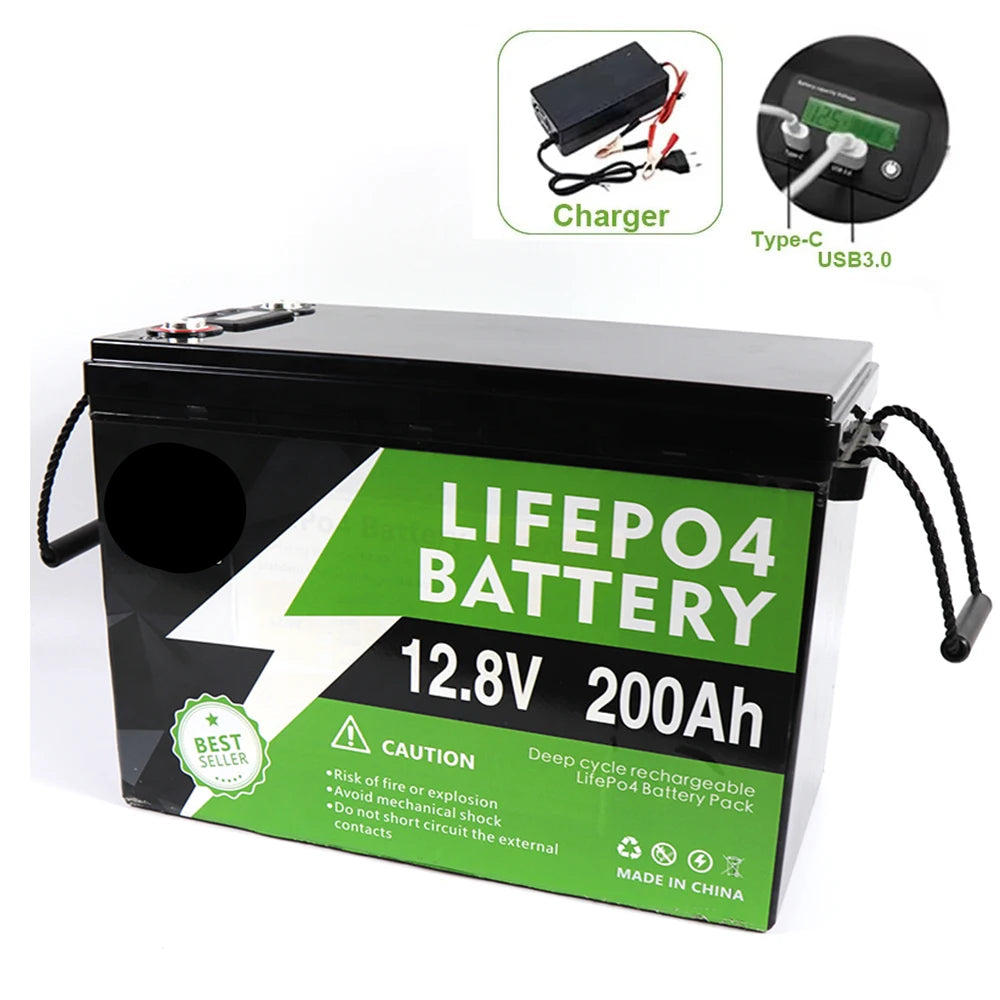 12V LiFePO4 Batterij – Lithium-IJzerfosfaat Accu – Noodstroomvoorziening – Draagbare Batterij – 200Ah Capaciteit – 3000W Pure Sinusgolf Omvormer