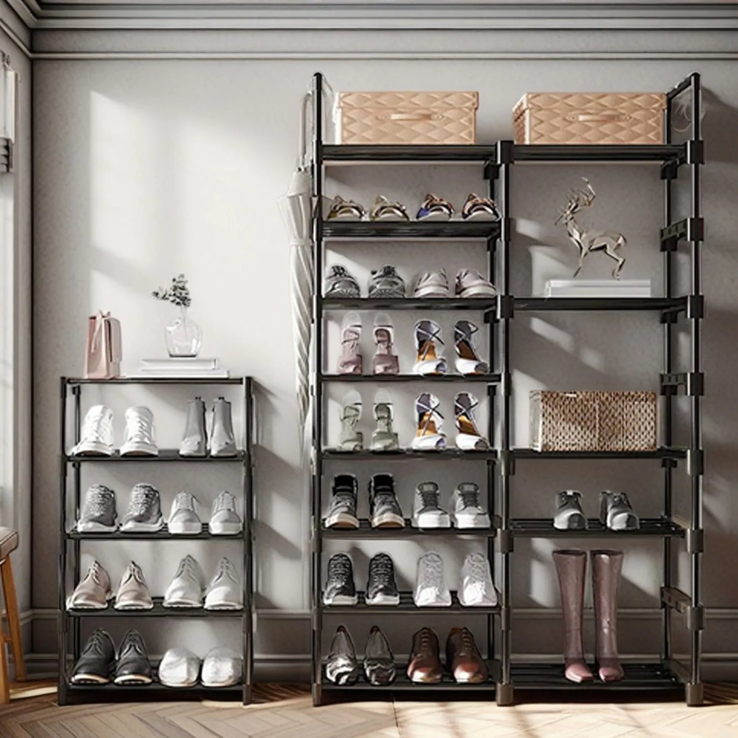 Grote-Schoenenrek - Kastplank-Metaal-Kunststof - Schoenenorganizer - Duurzame-Montage - Minimalistisch-Design - Opbergorganizer - Stapelbare-Schoenentoren - Zwart