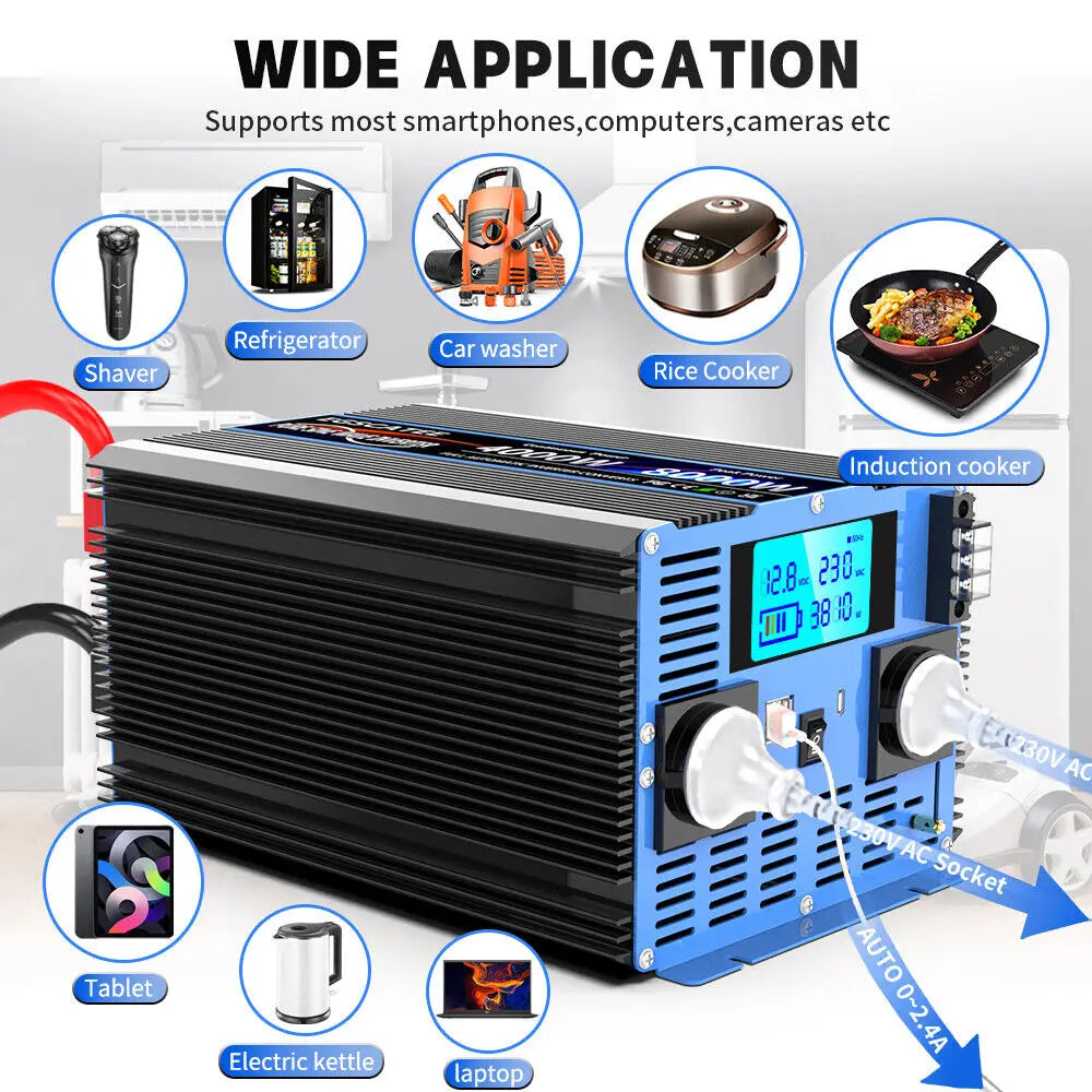 Zuivere Sinusomvormer – Stroomomvormer – DC Naar AC Omvormer – Energieomzetter – 12V - 8000W Vermogen – Aluminium Behuizing - QUORE