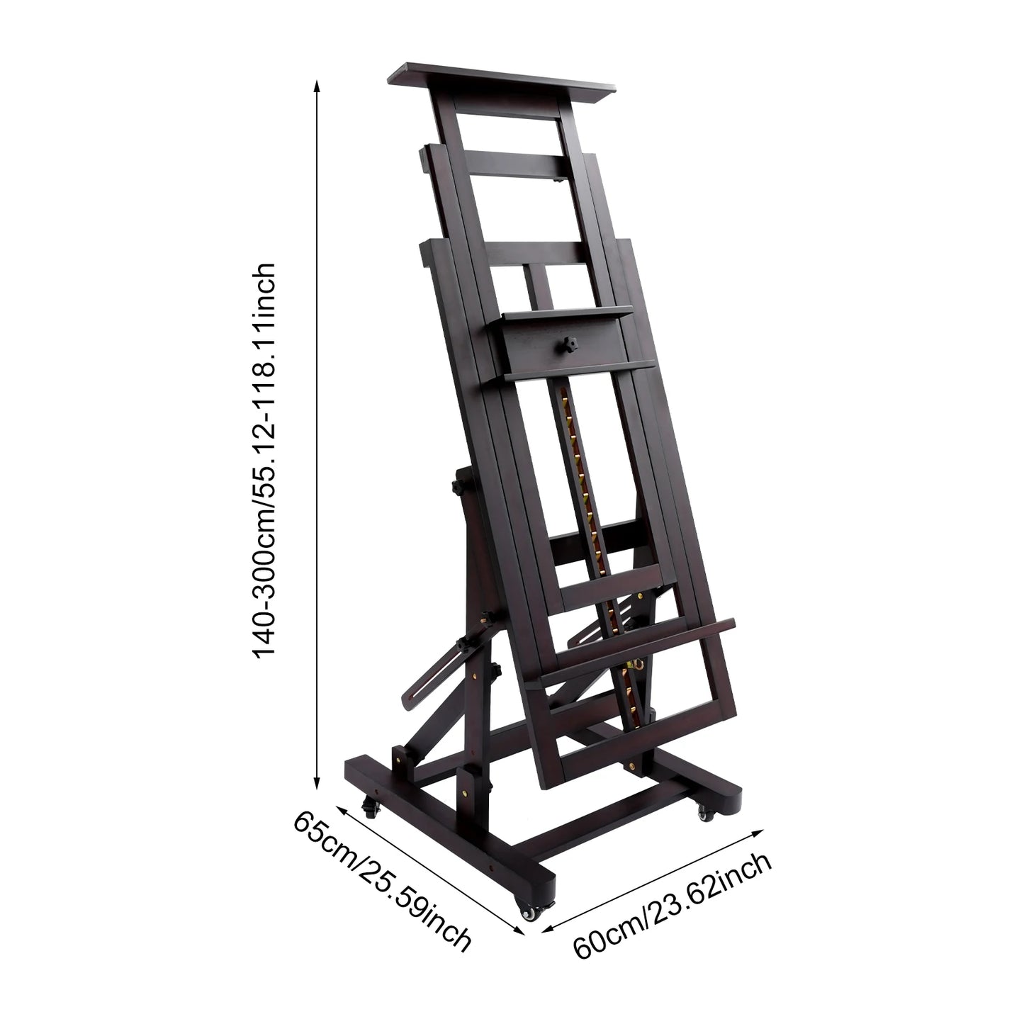Ezelschilder – Kunstenaars Ezel – Schildersezel – Atelier Ezel – Tekenezel – Massief Houten Black Walnut – Verstelbare Hoogte 140-300 cm – 4 Zwenkwielen Met Remmen