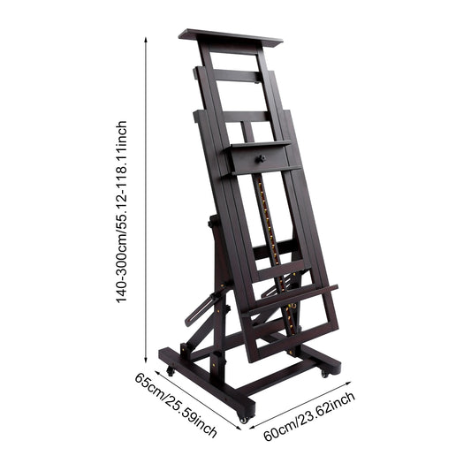 Ezelschilder – Kunstenaars Ezel – Schildersezel – Atelier Ezel – Tekenezel – Massief Houten Black Walnut – Verstelbare Hoogte 140-300 cm – 4 Zwenkwielen Met Remmen