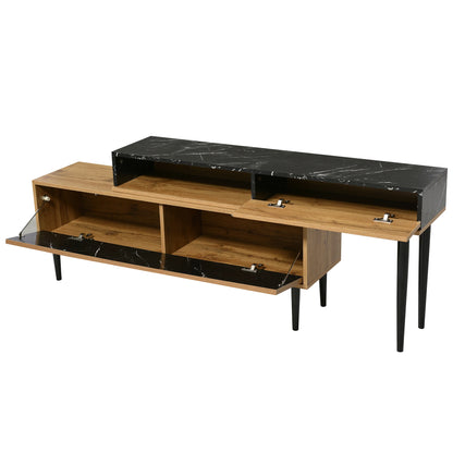 TV-Meubel – Tv-Kast – Media-Meubel – Wandmeubel – Modern Design – Marmerlook En Hout – Geschikt Voor 40-49 Inch Televisies - 129 x 30 x 58 cm - Bruin - QUORE