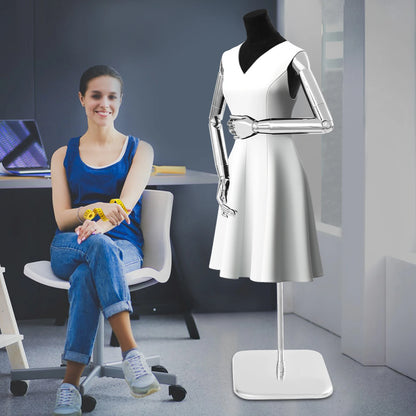Damespaspop – Paspop – Kledingmodel – Mannequin – Displaypop – Verstelbare Hoogte 120-210 cm – Beweegbare Afneembare Armen – Zilver Zwart