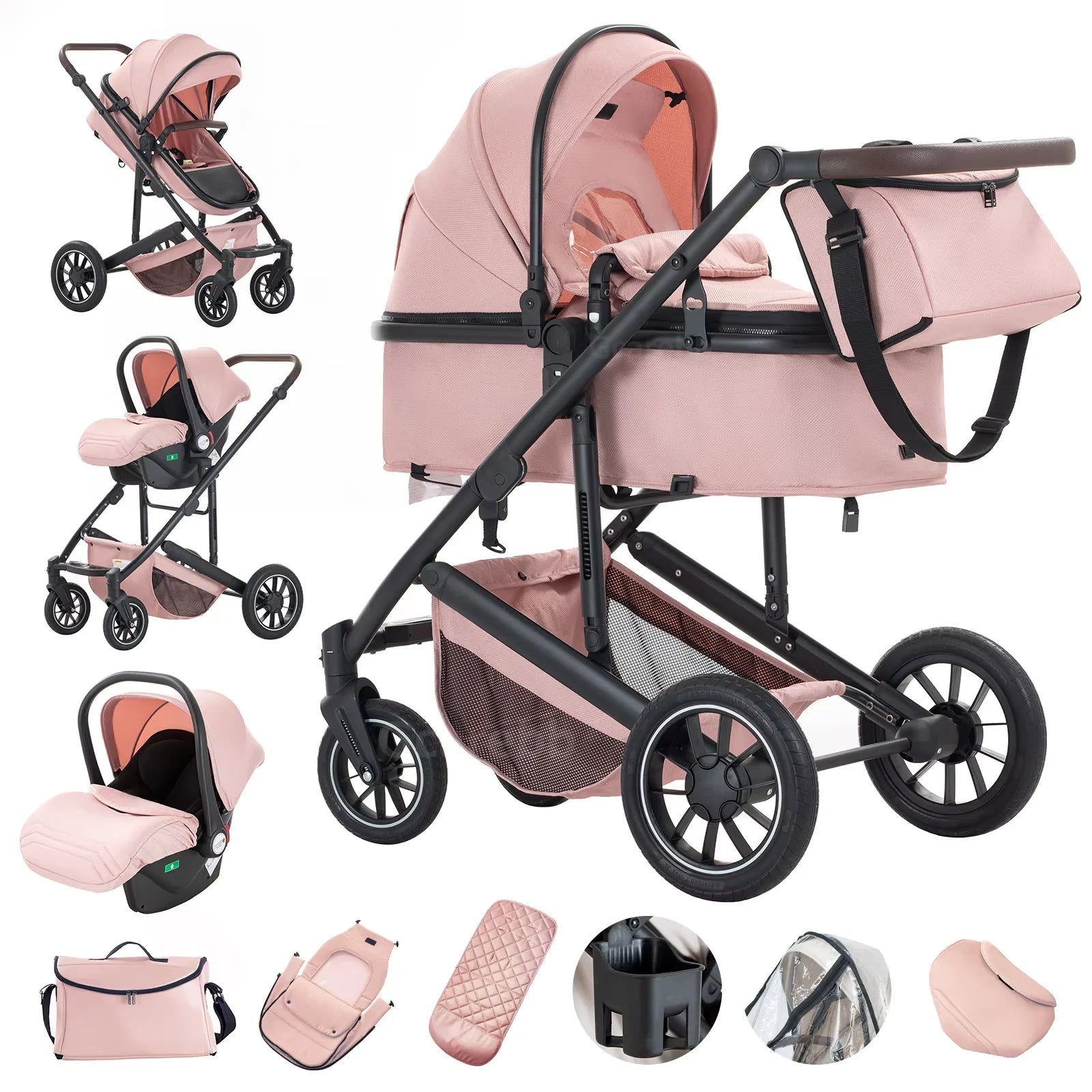 Babywagen - Kinderwagen - Buggy - Wandelwagen - 3-in-1 - met Reiswieg - en Autostoel - Opvouwbaar - Lichtgewicht - Aluminium Frame - voor Baby's - en Peuters - Roze - QUORE