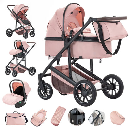 Babywagen - Kinderwagen - Buggy - Wandelwagen - 3-in-1 - met Reiswieg - en Autostoel - Opvouwbaar - Lichtgewicht - Aluminium Frame - voor Baby's - en Peuters - Roze - QUORE