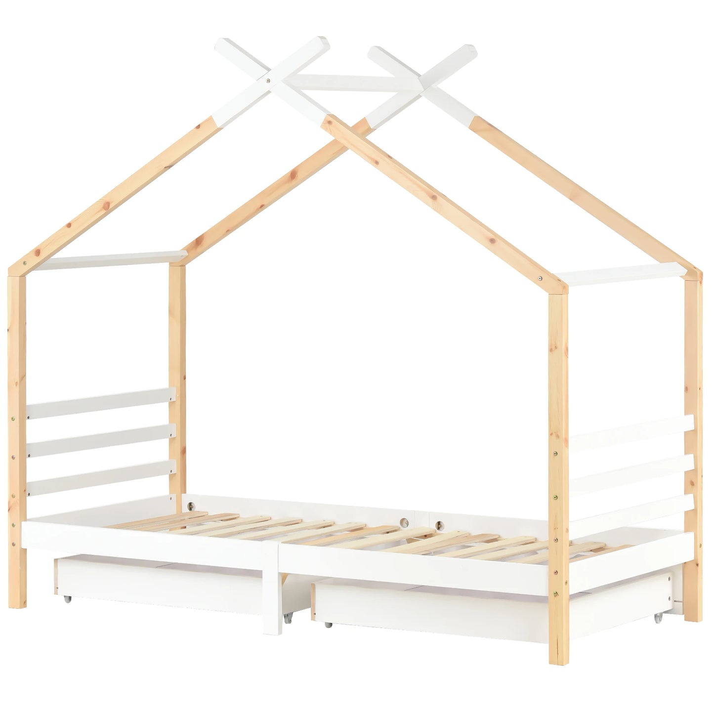 Kinderbed Huisjesvorm – Kinderbedje – Bedhuis – Speelbed – Houten Bed – Wit – 90x200 cm – Stevig Grenenhout – Met Opbergladen en Lattenbodem