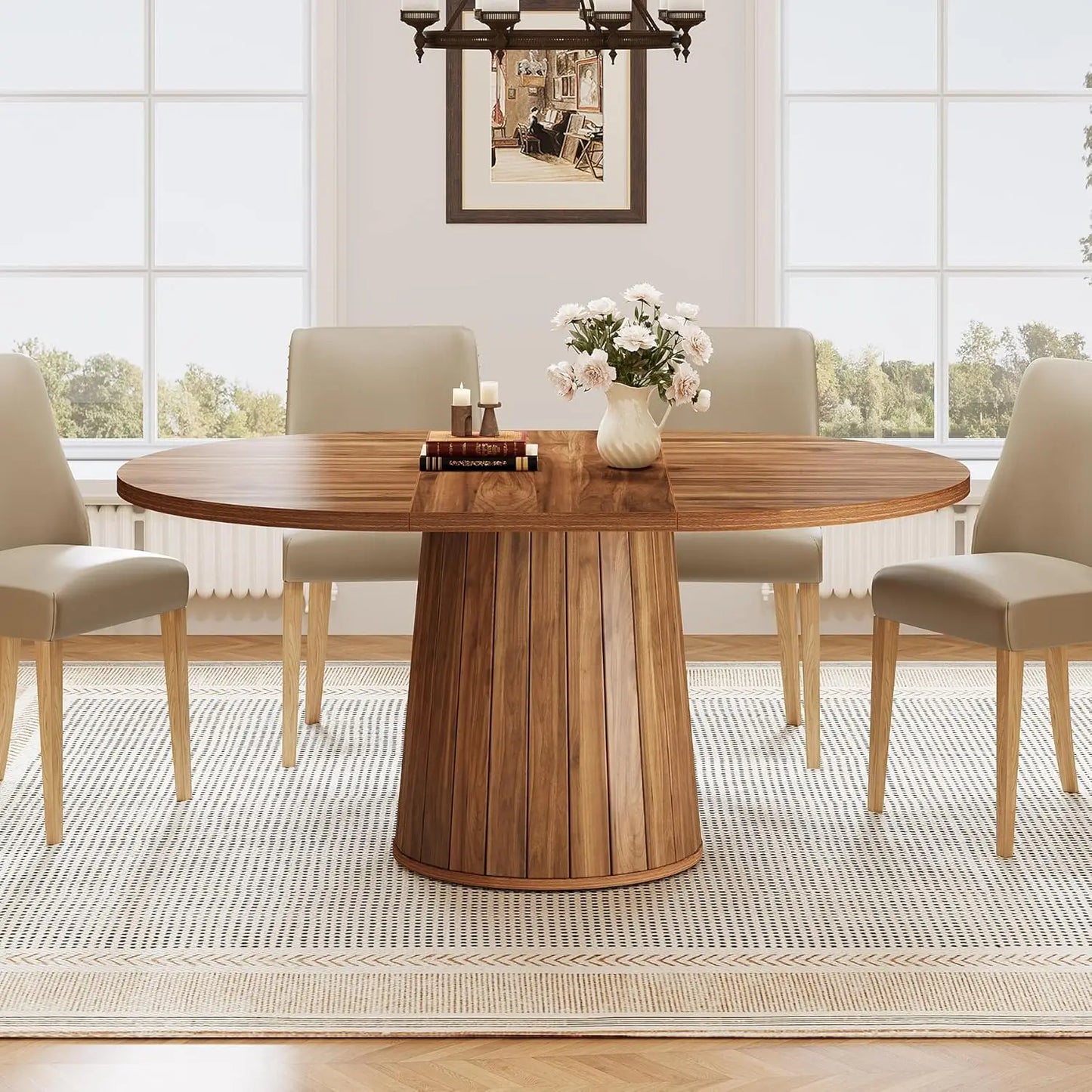 Ovalen Eettafel – Ovale Tafel – Eetkamertafel – Keukentafel – Landelijke Tafel – Voor 6 Personen – Stevig Cilindervormig Onderstel – Duurzaam Houten Design