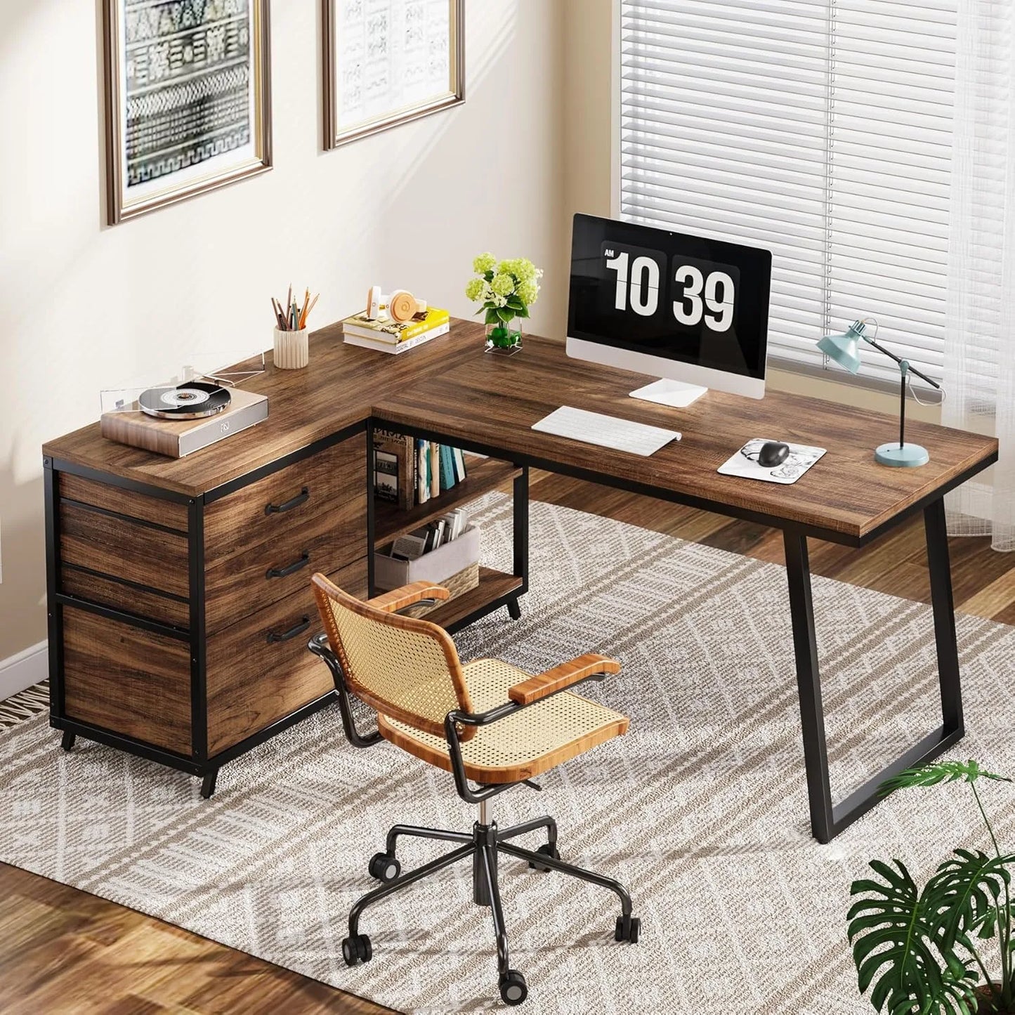 Hoekbureau – L-Vormig Bureau – Bureau Met Lade – Thuiswerkbureau – Studiebureau – Stevig Metalen Frame – Verstelbare Pootjes