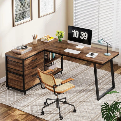 L-Vormig Bureau – Hoekbureau – Werkplek Bureau – Computertafel – Opbergbureau – Stevig Metaal Frame – Verstelbare Pootjes - Bruin 02