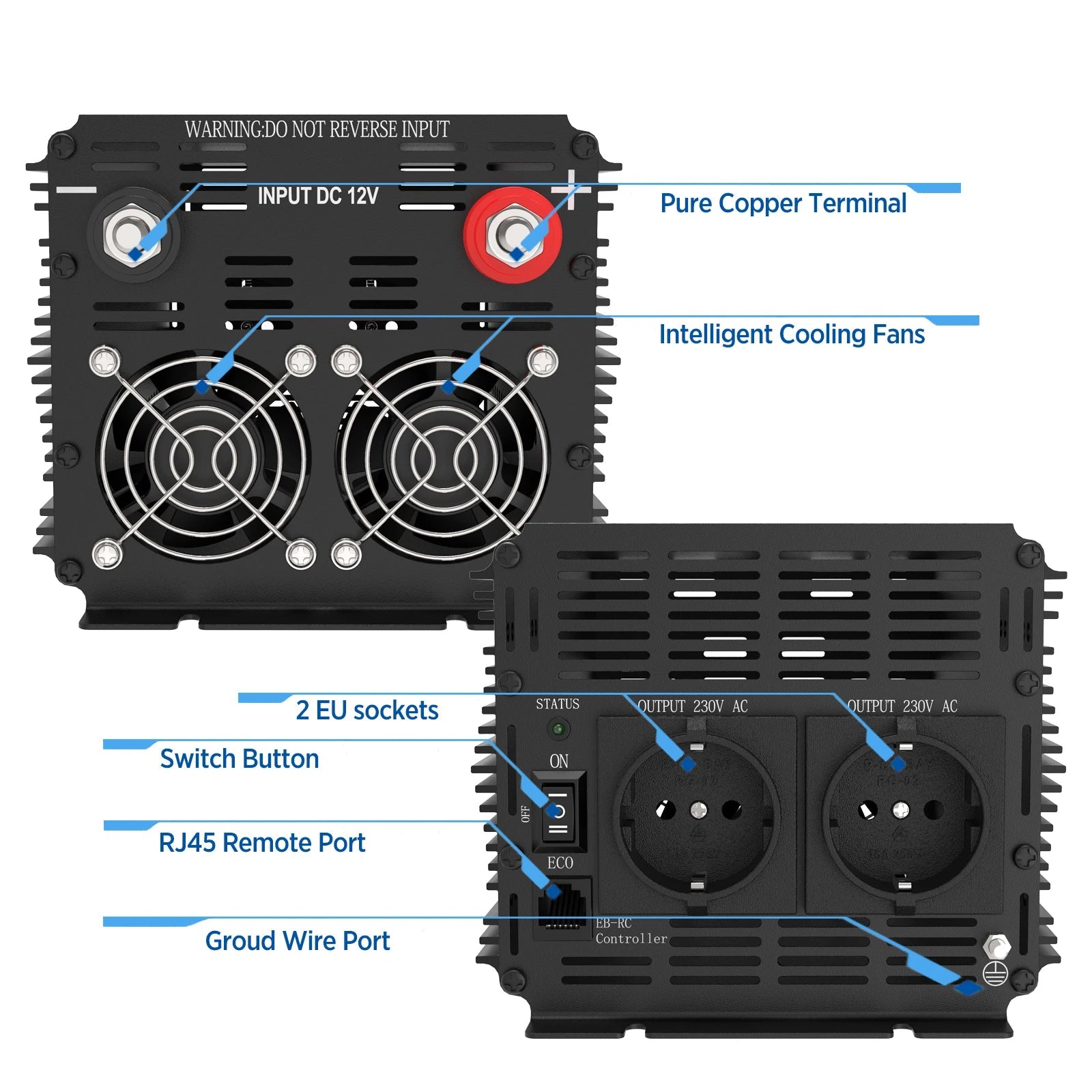 Omvormer – Stroomomzetter – Spanningsomzetter – 12V Naar 220V – 2000W Continu Vermogen – Pure Sinusgolf Uitgang - QUORE