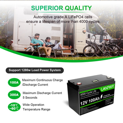 12V 100Ah LiFePO4 Accu – Camper Accu – Bootaccu – Zonnebatterij – Thuisbatterij – 1280Wh Capaciteit – 100A Continu Stroom