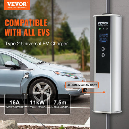 SucceBuy Portable EV Charger Type 2 16A 3.68kW/11kW or 32A 7.36kW/22kW with 7.5 M Charging Cable CEE Plug LCD Home EV Charging