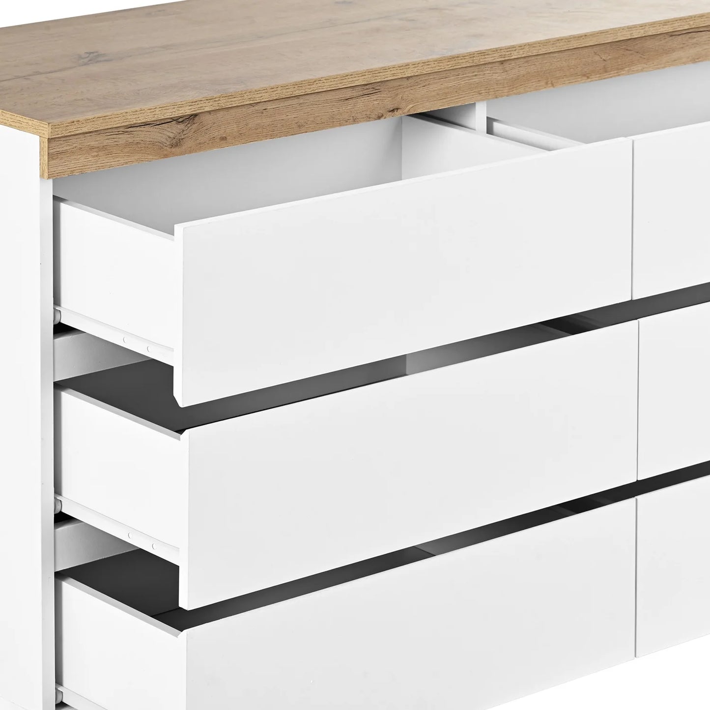Kast – Ladekast – Opbergkast – Kast Met Laden – Minimalistisch Design – 6 Ruime Lades – E1 Spaanplaat Met Eikenlook - 110 x 40 x 67.5 cm - Wit - QUORE