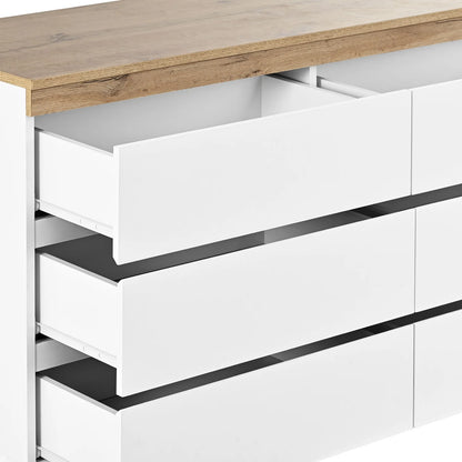 Kast – Ladekast – Opbergkast – Kast Met Laden – Minimalistisch Design – 6 Ruime Lades – E1 Spaanplaat Met Eikenlook - 110 x 40 x 67.5 cm - Wit - QUORE