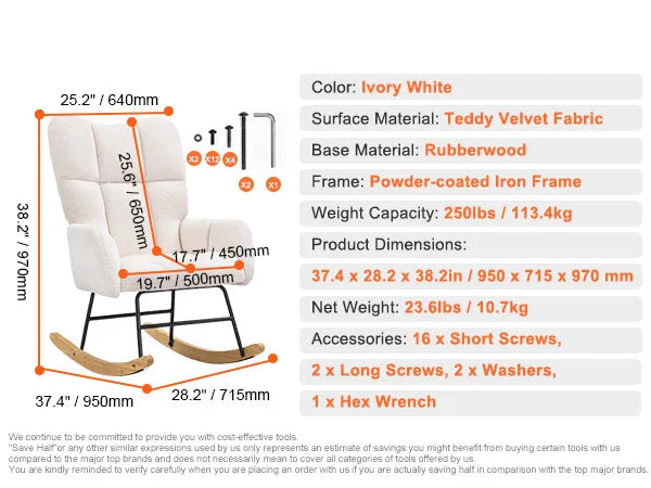 Schommelstoel – Relaxstoel – Schommelzetel – Lounge Stoel – Teddy Velvet – Rubberhouten Frame – Ergonomisch Ontwerp - Ivoor Wit