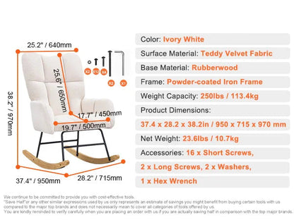 Schommelstoel – Relaxstoel – Schommelzetel – Lounge Stoel – Teddy Velvet – Rubberhouten Frame – Ergonomisch Ontwerp - Ivoor Wit