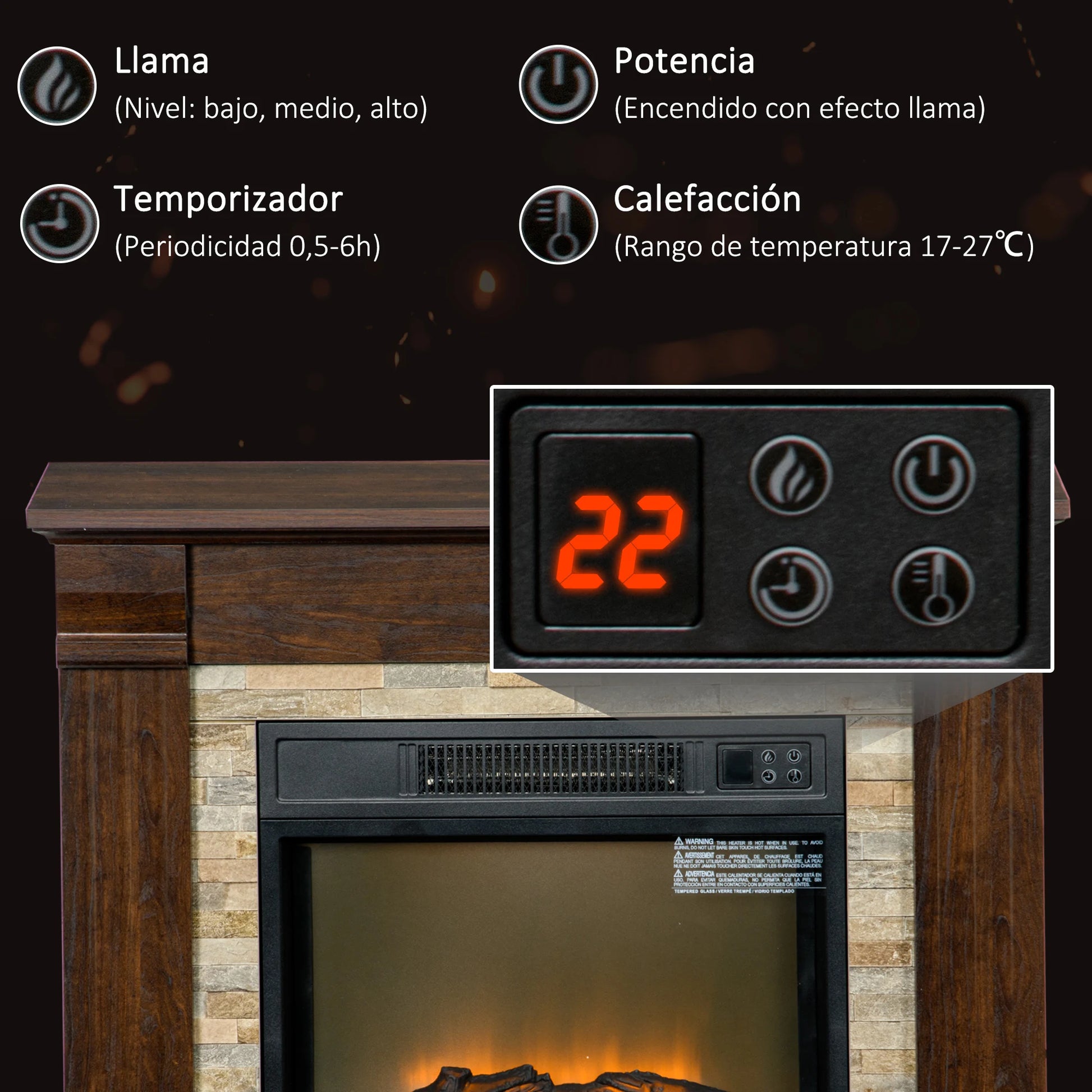Elektrische Sfeerhaard – Elektrische Haard – Vuurplaats – Kachel – Haardplaat – Realistisch Vlameffect – Verwarmt Tot 30 m² – Afstandsbediening Met Timer – Bruin 80 cm - QUORE