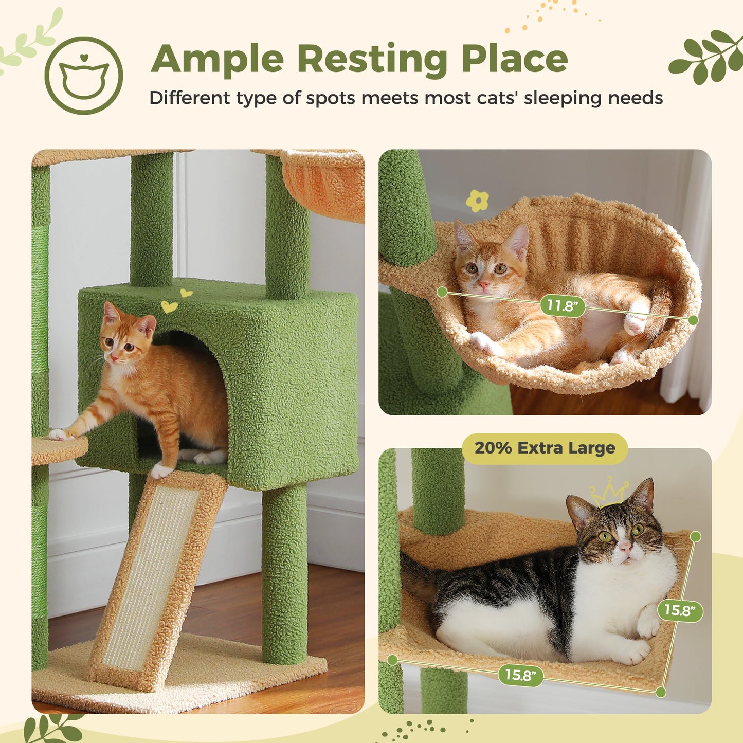 Kattenboom - Kitten Krabpaal - Katten Klimmuur - Sisal Krabpalen - Verstelbare Hoogte 230-255cm - Meerdere Verdiepingen - Cactus Floor to Ceiling - Arbre a Chat - Hangmatten - Groen