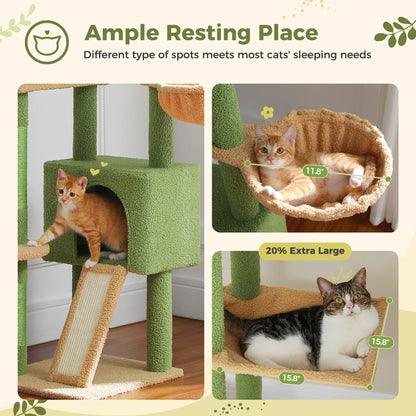 Kattenboom - Kitten Krabpaal - Katten Klimmuur - Sisal Krabpalen - Verstelbare Hoogte 230-255cm - Meerdere Verdiepingen - Cactus Floor to Ceiling - Arbre a Chat - Hangmatten - Groen