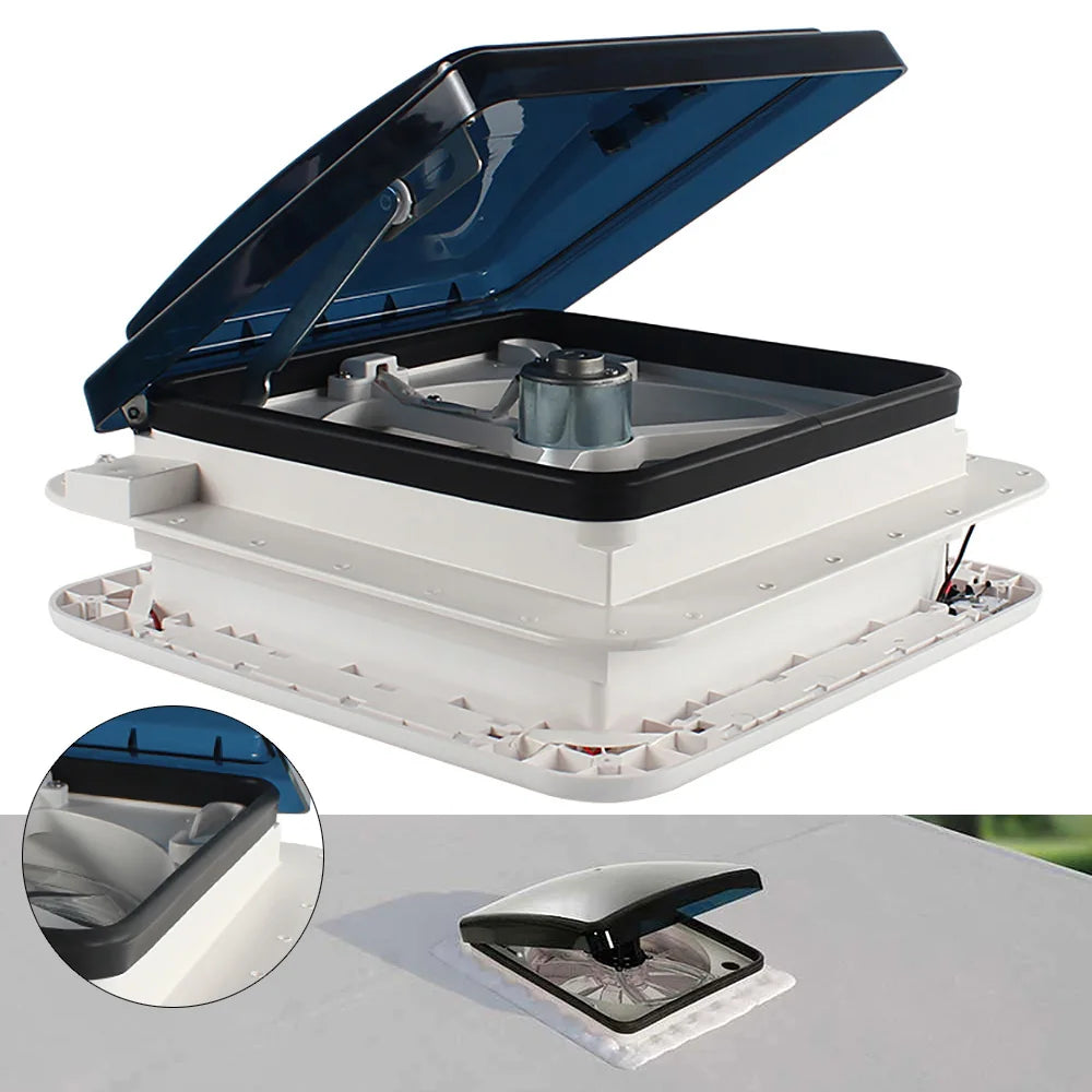 RV Dakventilator - Dakraam Ventilator - Caravan - Plafondventilator - Camper - LED verlichting - Insectenbestendig net - 12V RV - Handmatige Liftbediening, Plafond Ventilator met Rookkap IP68 - QUORE