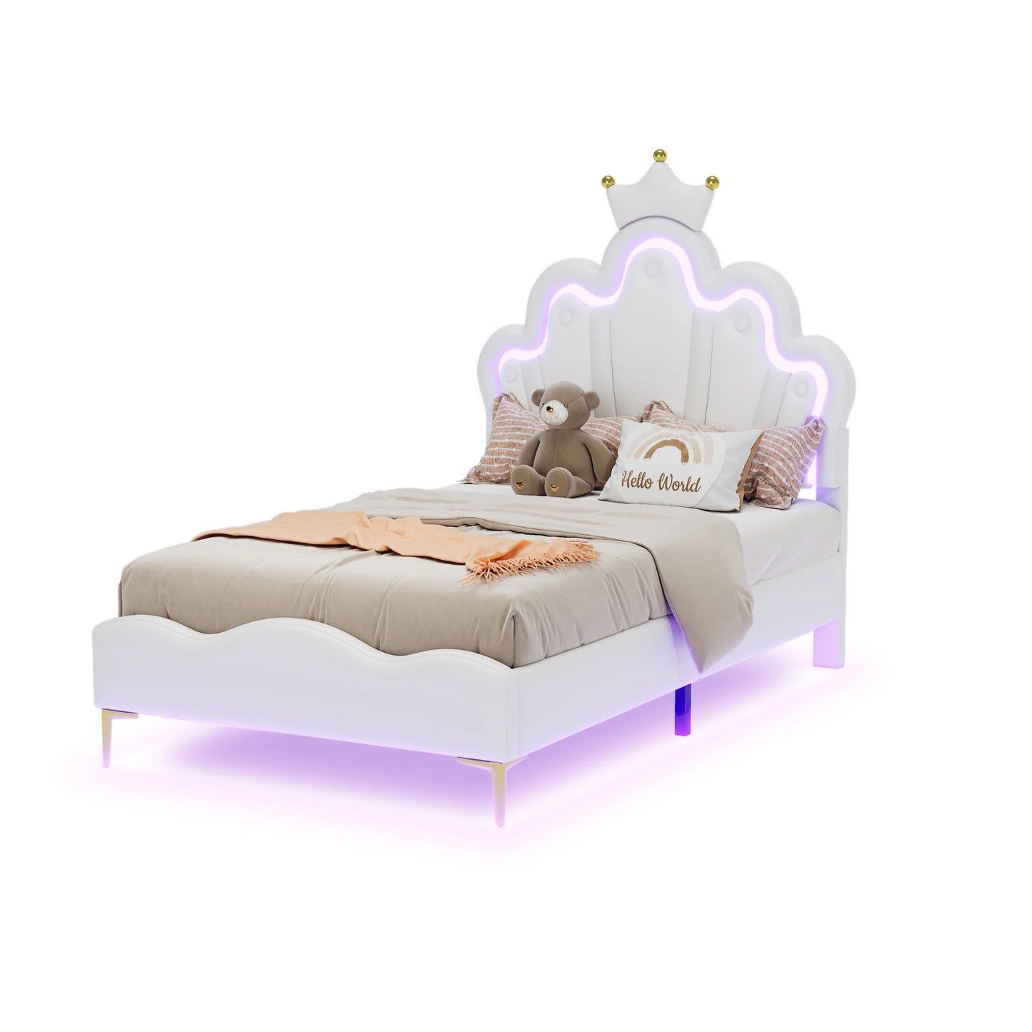 Kinderbed – Prinsessenbed – Eenpersoonsbed – Meisjesbed – Kinderbedframe – Kroonvormig Hoofdeinde – Fluwelen Bekleding – Afmeting 90x200 cm