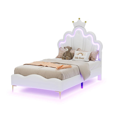 Kinderbed – Prinsessenbed – Eenpersoonsbed – Meisjesbed – Kinderbedframe – Kroonvormig Hoofdeinde – Fluwelen Bekleding – Afmeting 90x200 cm
