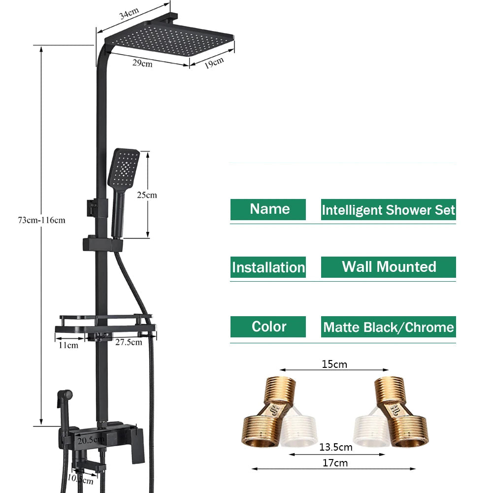 Regendouche - Douchekraan - Douchepaneel - Douche - 8 Inch Douchekop, Inbouw Wandmontage en Opbergplank - met Bidetfunctie - Zwart - QUORE