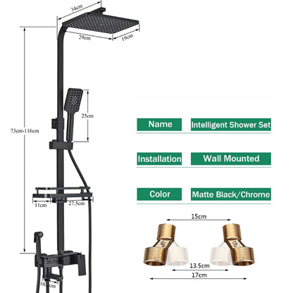 Regendouche - Douchekraan - Douchepaneel - Douche - 8 Inch Douchekop, Inbouw Wandmontage en Opbergplank - met Bidetfunctie - Zwart - QUORE
