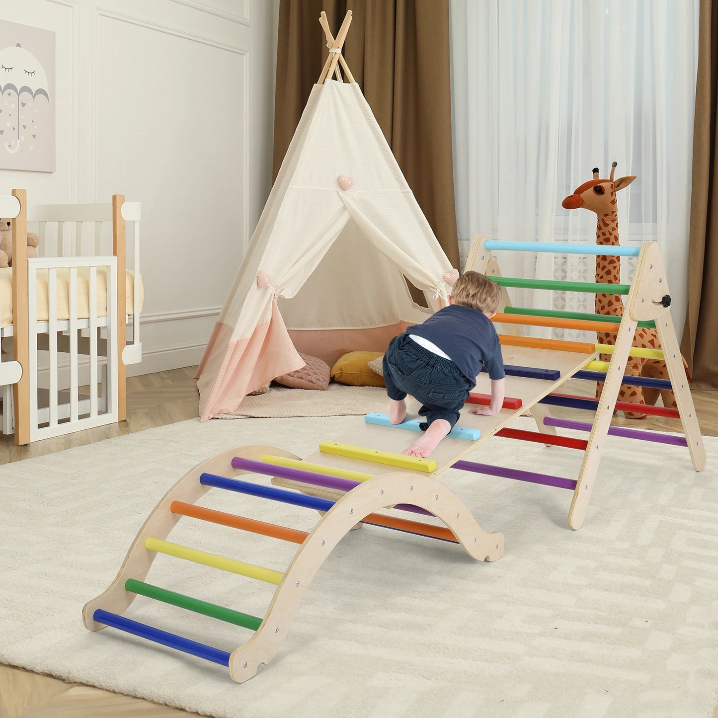 Houten Klimdriehoek met Glijbaan – Opvouwbaar Klimrek voor Peuters en Baby’s – Montessori Babygym en Klimspeelgoed – Educatief & Veilig Binnen Speeltoestel – Stevig en Duurzaam Hout - QUORE