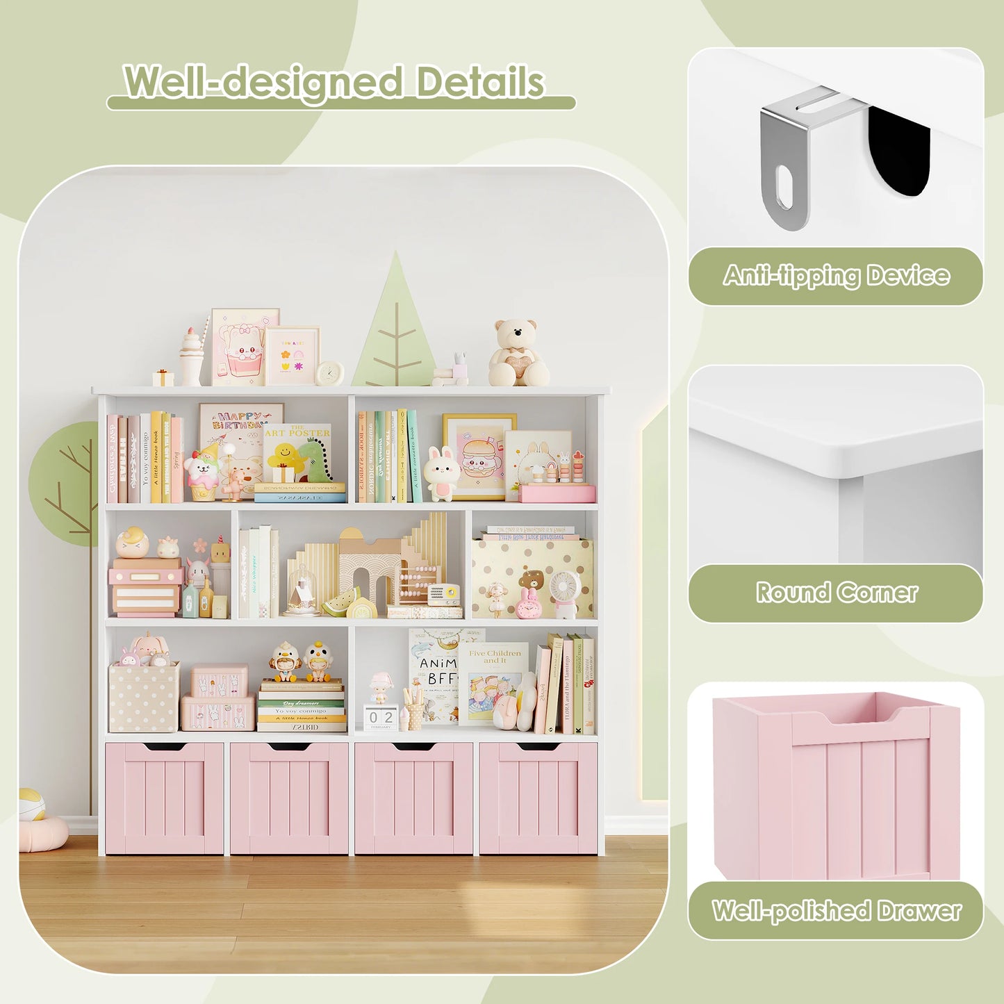 Speelgoedopberger – Speelgoedkast – Kinderboekenkast – Speelkamermeubel – Kinderspeelgoed Organizer – Roze Variant – 125,5x33x118 cm – 4 Lades met 360° Wieltjes