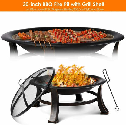 Vuurschaal - Vuurkorf - Multifunctioneel - met Vonkenvanger - Grillrooster - Mesh-schermafdekking - Voor verwarmen - BBQ - Buiten Koken - Rond - 76 x 76 x 30 cm - Zwart